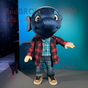 Black Blue Whale mascot costume character dressed with a Flannel Shirt and Hair clips