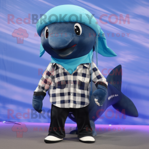 Black Blue Whale mascot costume character dressed with a Flannel Shirt and Hair clips