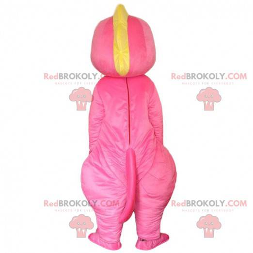 Mascote de dinossauro rosa e amarelo, fantasia de dragão rosa -