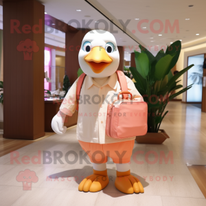 Peach Albatross mascot costume character dressed with a Polo Shirt and Messenger bags