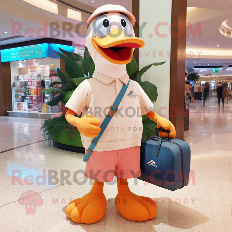 Peach Albatross mascot costume character dressed with a Polo Shirt and Messenger bags