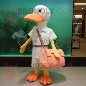 Peach Albatross mascot costume character dressed with a Polo Shirt and Messenger bags