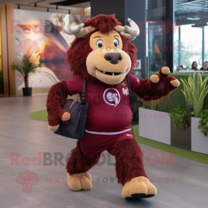 Maroon Buffalo mascot costume character dressed with a Running Shorts and Handbags