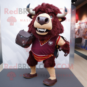 Maroon Buffalo mascot costume character dressed with a Running Shorts and Handbags