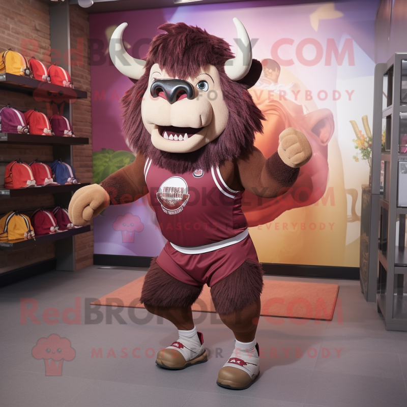 Maroon Buffalo mascot costume character dressed with a Running Shorts and Handbags