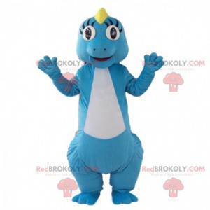 Mascote de dinossauro azul e branco, fantasia colorida de