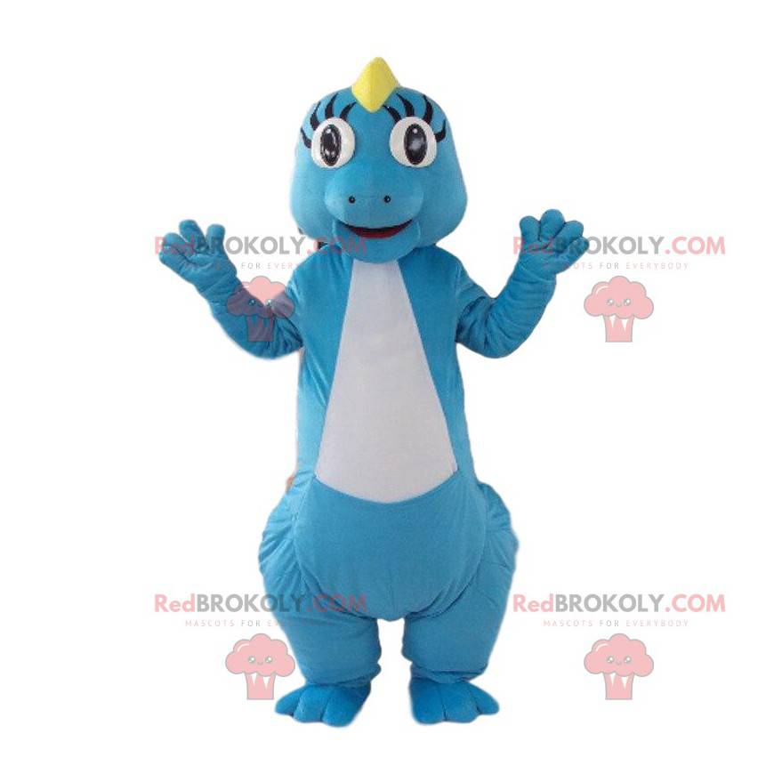 Mascote de dinossauro azul e branco, fantasia colorida de