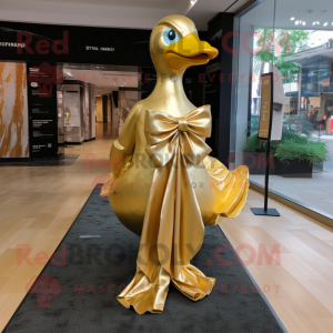 Gold Swan mascot costume character dressed with a Wrap Dress and Bow ties