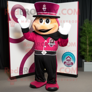 Magenta Ring Master mascot costume character dressed with a Baseball Tee and Hat pins