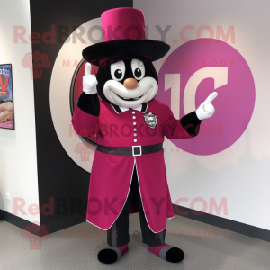 Magenta Ring Master mascot costume character dressed with a Baseball Tee and Hat pins