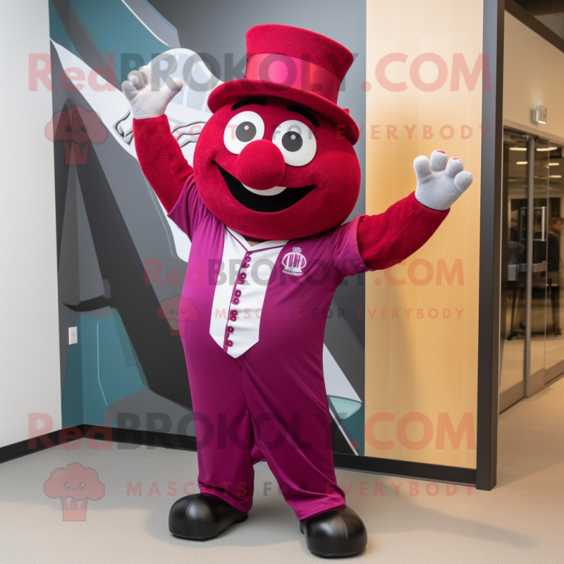 Magenta Ring Master mascot costume character dressed with a Baseball Tee and Hat pins Magenta Ring Master mascot costume character dressed with a Baseball Tee and Hat pins