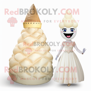 Cream Ice Cream Cone mascot costume character dressed with a Ball Gown and Rings