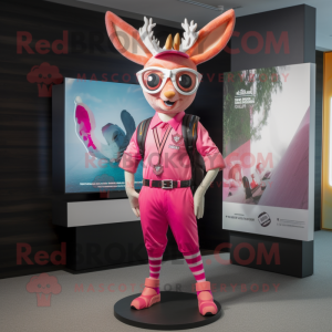 Pink Deer mascot costume character dressed with a Bermuda Shorts and Berets