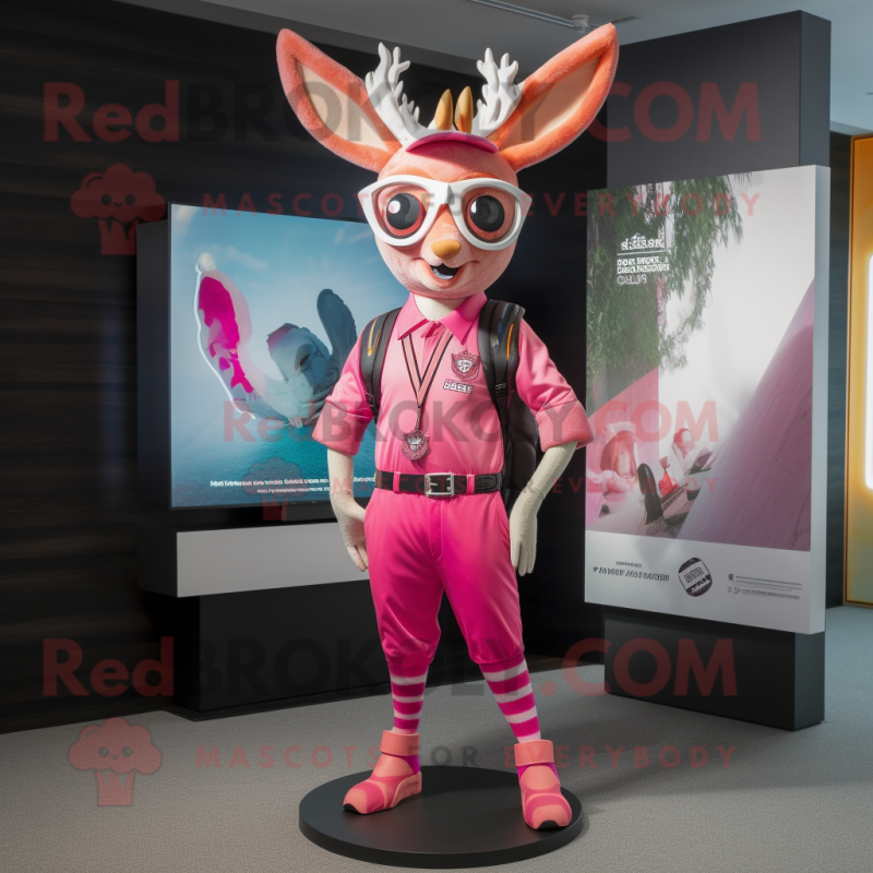 Pink Deer mascot costume character dressed with a Bermuda Shorts and Berets Pink Deer mascot costume character dressed with a Bermuda Shorts and Berets