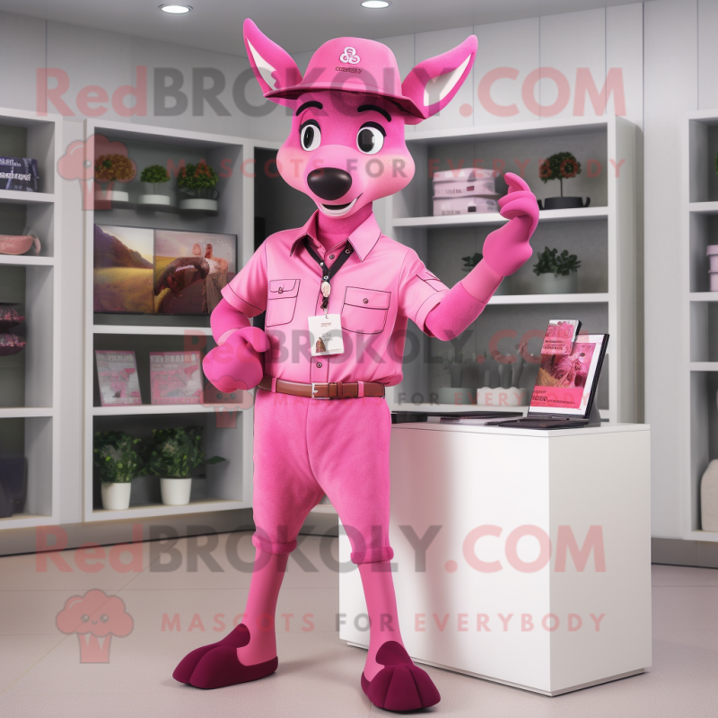 Pink Deer mascot costume character dressed with a Bermuda Shorts and Berets