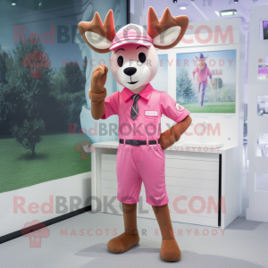 Pink Deer mascot costume character dressed with a Bermuda Shorts and Berets