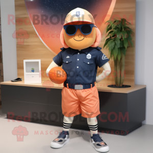 Peach Navy Soldier mascot costume character dressed with a Board Shorts and Caps