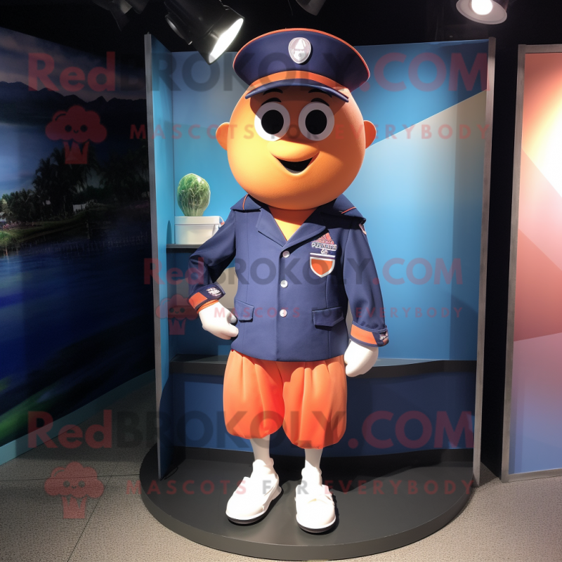 Peach Navy Soldier mascot costume character dressed with a Board Shorts and Caps Peach Navy Soldier mascot costume character dressed with a Board Shorts and Caps