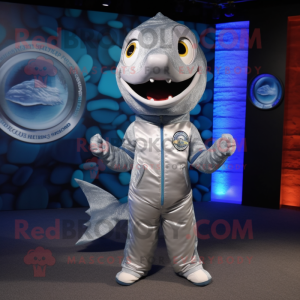 Silver Barracuda mascot costume character dressed with a Jacket and Coin purses