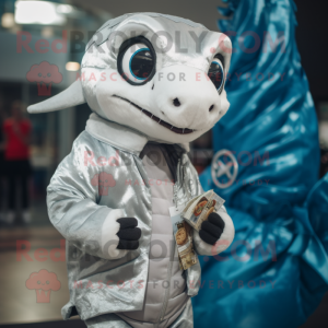 Silver Barracuda mascot costume character dressed with a Jacket and Coin purses