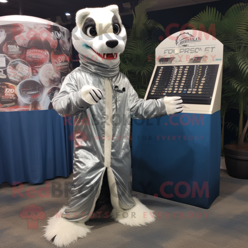 Silver Barracuda mascot costume character dressed with a Jacket and Coin purses Silver Barracuda mascot costume character dressed with a Jacket and Coin purses