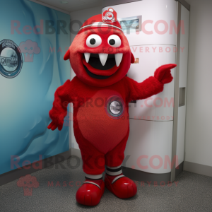 Red Ice mascot costume character dressed with a Jeggings and Caps