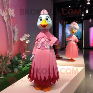 Pink Geese mascot costume character dressed with a Empire Waist Dress and Brooches