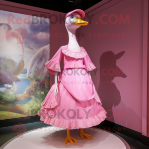 Pink Geese mascot costume character dressed with a Empire Waist Dress and Brooches