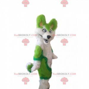 Mascote cão husky branco e verde, fantasia de raposa peluda -