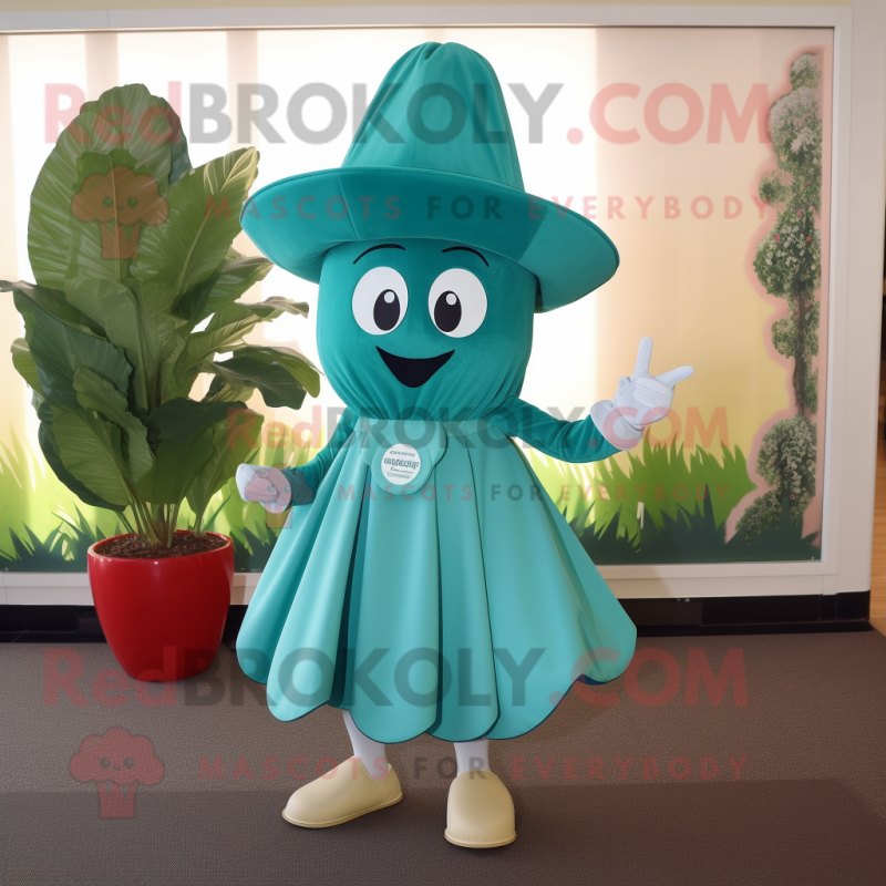 Cyan Spinach mascot costume character dressed with a Circle Skirt and Hat pins