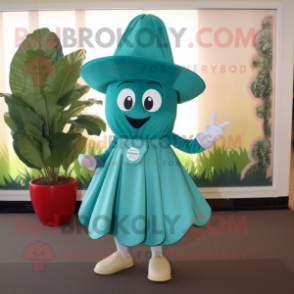 Cyan Spinach mascot costume character dressed with a Circle Skirt and Hat pins