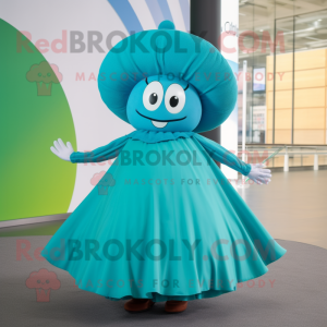 Cyan Spinach mascot costume character dressed with a Circle Skirt and Hat pins