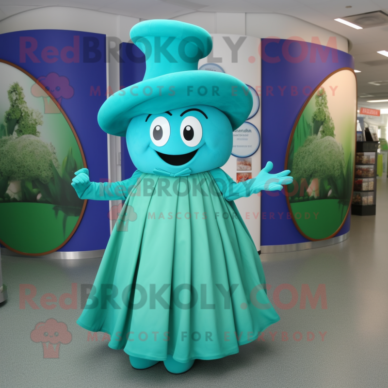 Cyan Spinach mascot costume character dressed with a Circle Skirt and Hat pins