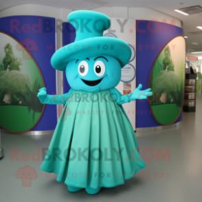 Cyan Spinach mascot costume character dressed with a Circle Skirt and Hat pins