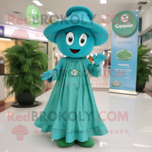 Cyan Spinach mascot costume character dressed with a Circle Skirt and Hat pins