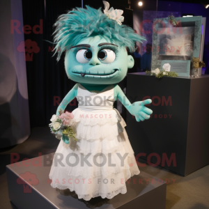 Teal Frankenstein mascot costume character dressed with a Wedding Dress and Hair clips