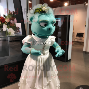 Teal Frankenstein mascot costume character dressed with a Wedding Dress and Hair clips