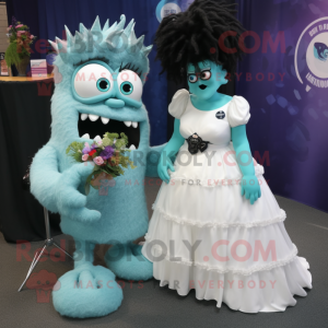 Teal Frankenstein mascot costume character dressed with a Wedding Dress and Hair clips