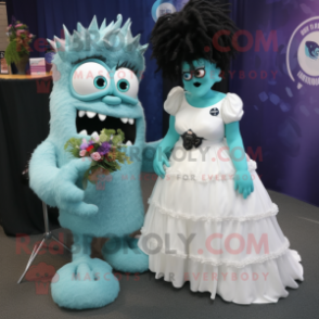 Teal Frankenstein mascot costume character dressed with a Wedding Dress and Hair clips