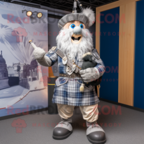 Silver Bagpipe mascot costume character dressed with a Waistcoat and Suspenders