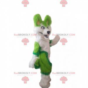 Mascote cão husky branco e verde, fantasia de raposa peluda -