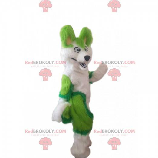 Mascota de perro husky blanco y verde, disfraz de zorro peludo