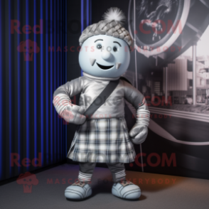 Silver Bagpipe mascot costume character dressed with a Waistcoat and Suspenders