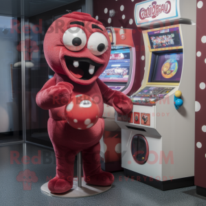 Maroon Gumball Machine mascot costume character dressed with a One-Piece Swimsuit and Suspenders