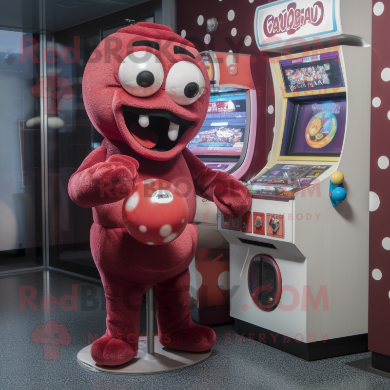 Maroon Gumball Machine mascot costume character dressed with a One-Piece Swimsuit and Suspenders Maroon Gumball Machine mascot costume character dressed with a One-Piece Swimsuit and Suspenders