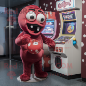 Maroon Gumball Machine mascot costume character dressed with a One-Piece Swimsuit and Suspenders