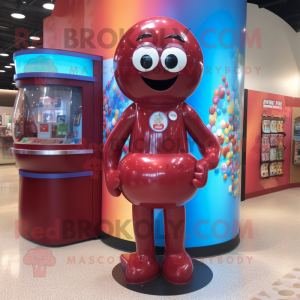 Maroon Gumball Machine mascot costume character dressed with a One-Piece Swimsuit and Suspenders