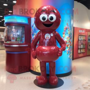 Maroon Gumball Machine mascot costume character dressed with a One-Piece Swimsuit and Suspenders