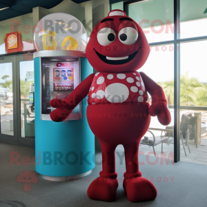 Maroon Gumball Machine mascot costume character dressed with a One-Piece Swimsuit and Suspenders