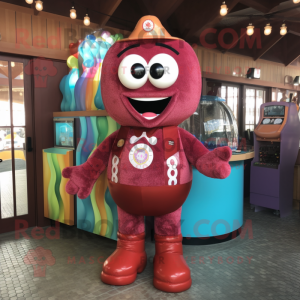 Maroon Gumball Machine mascot costume character dressed with a One-Piece Swimsuit and Suspenders